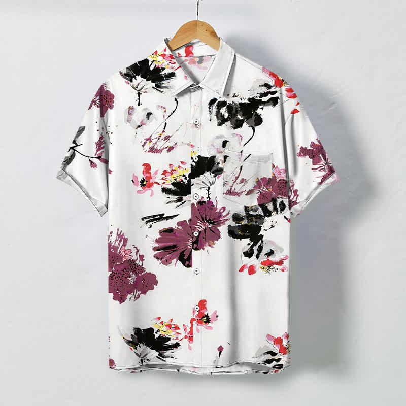 Nimara Ritual Watercolor Floral Pattern Buttons Breathable Men's Short Sleeve Shirt