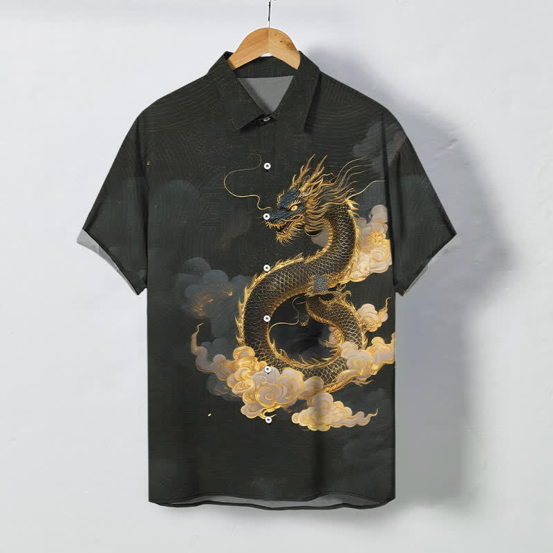 Nimara Ritual Golden Dragon Cloud Pattern Buttons Wrinkle-resistant Men's Short Sleeve Shirt