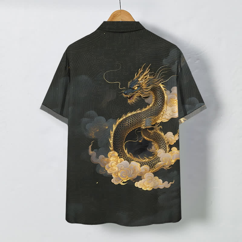 Nimara Ritual Golden Dragon Cloud Pattern Buttons Wrinkle-resistant Men's Short Sleeve Shirt