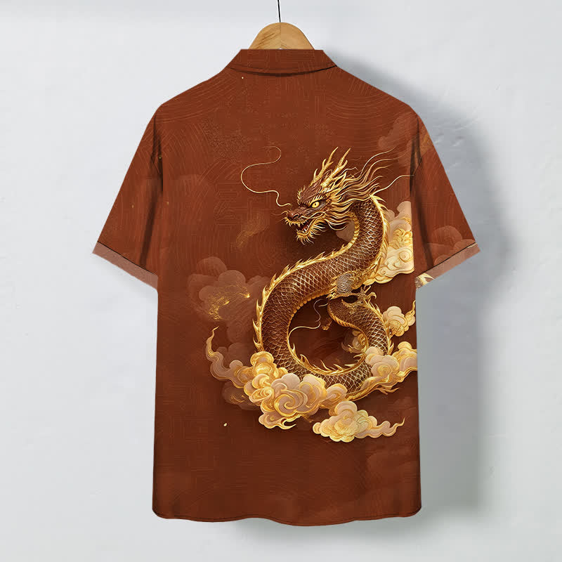 Nimara Ritual Golden Dragon Cloud Pattern Buttons Wrinkle-resistant Men's Short Sleeve Shirt