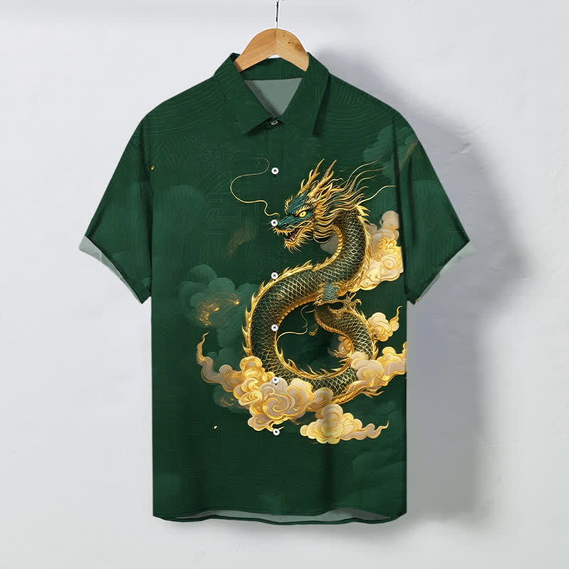 Nimara Ritual Golden Dragon Cloud Pattern Buttons Wrinkle-resistant Men's Short Sleeve Shirt