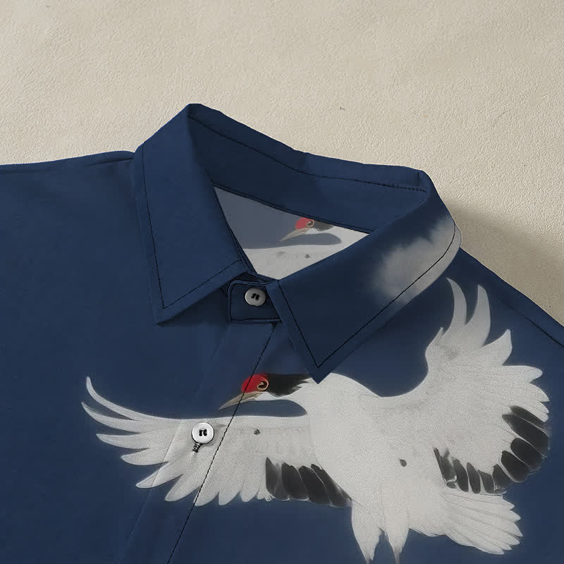 Nimara Ritual Flying White Crane Cloud Pattern Buttons Wrinkle-resistant Men's Short Sleeve Shirt