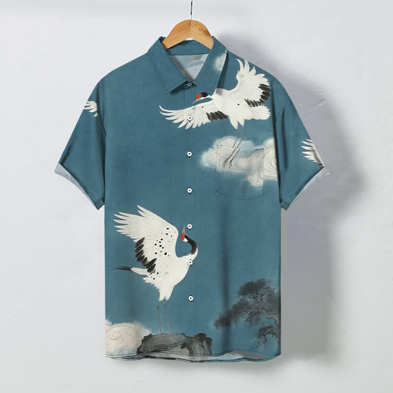 Nimara Ritual Flying White Crane Cloud Pattern Buttons Wrinkle-resistant Men's Short Sleeve Shirt