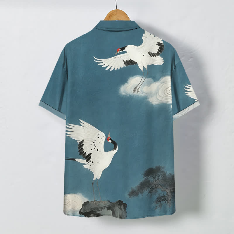 Nimara Ritual Flying White Crane Cloud Pattern Buttons Wrinkle-resistant Men's Short Sleeve Shirt
