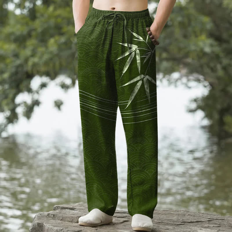 Nimara Ritual Cotton Bamboo Leaf Pattern Men's Tapered Pants With Pockets