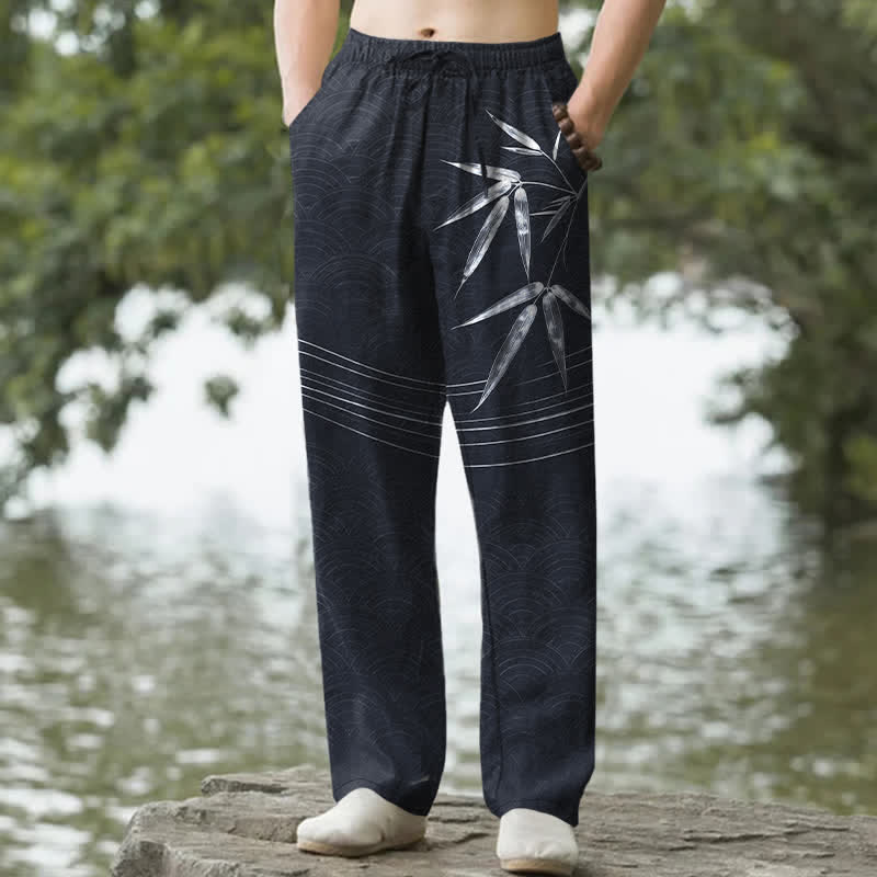 Nimara Ritual Cotton Bamboo Leaf Pattern Men's Tapered Pants With Pockets