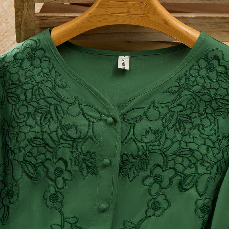 Nimara Ritual Summer Vintage Embroidery V-Neck Button-Up Floral Women's Elbow-Length Sleeve Shirts