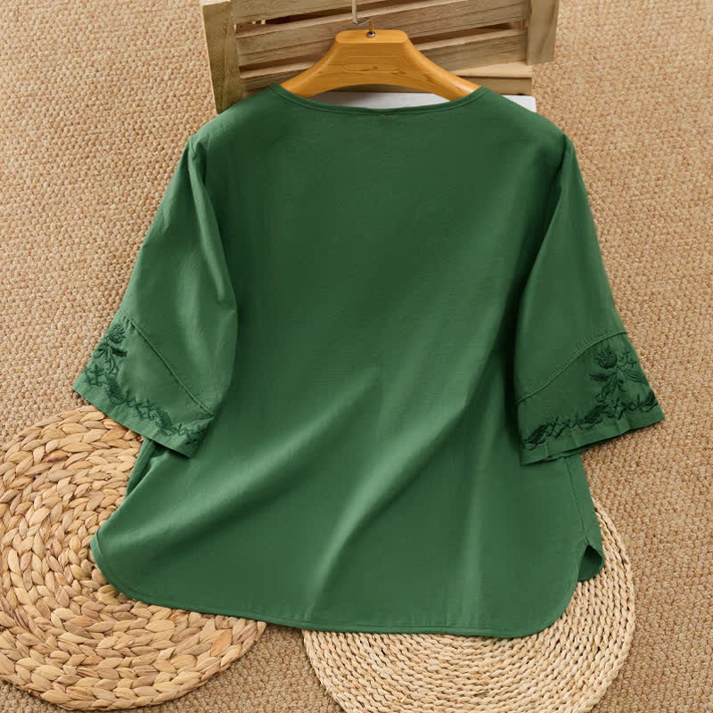 Nimara Ritual Summer Vintage Embroidery V-Neck Button-Up Floral Women's Elbow-Length Sleeve Shirts