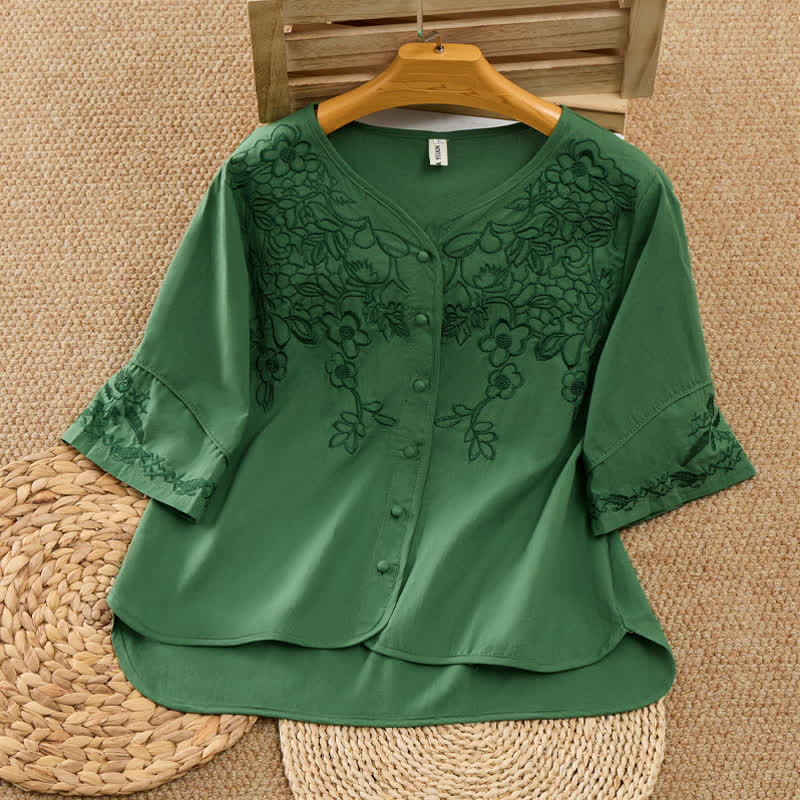 Nimara Ritual Summer Vintage Embroidery V-Neck Button-Up Floral Women's Elbow-Length Sleeve Shirts