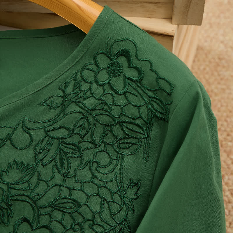 Nimara Ritual Summer Vintage Embroidery V-Neck Button-Up Floral Women's Elbow-Length Sleeve Shirts