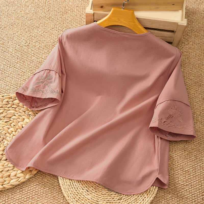 Nimara Ritual Summer Vintage Embroidery V-Neck Button-Up Floral Women's Elbow-Length Sleeve Shirts