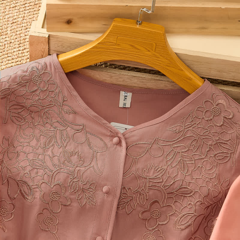 Nimara Ritual Summer Vintage Embroidery V-Neck Button-Up Floral Women's Elbow-Length Sleeve Shirts