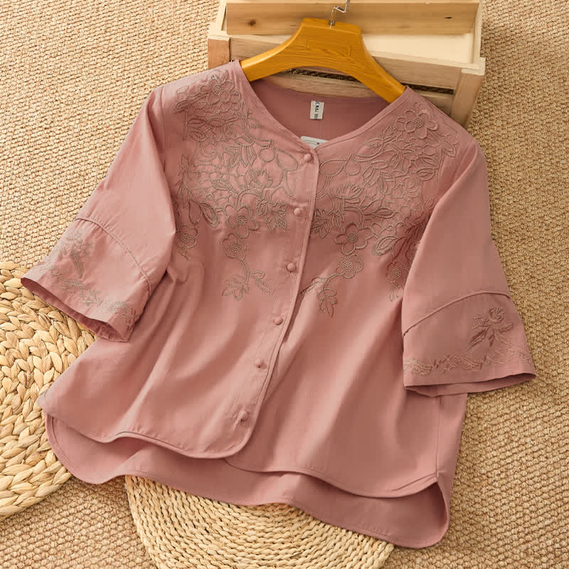 Nimara Ritual Summer Vintage Embroidery V-Neck Button-Up Floral Women's Elbow-Length Sleeve Shirts