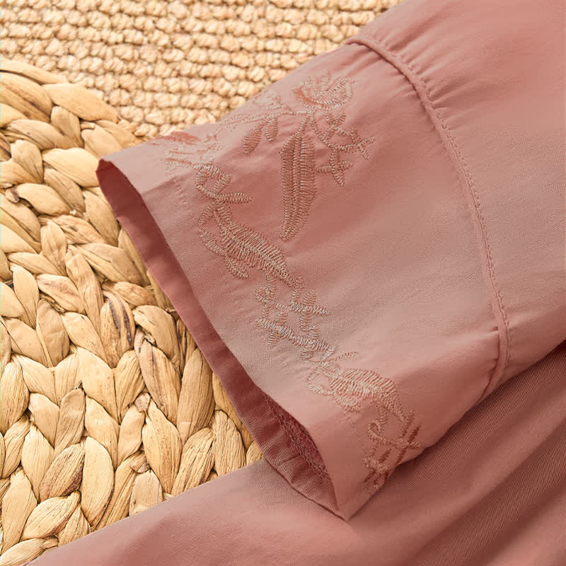 Nimara Ritual Summer Vintage Embroidery V-Neck Button-Up Floral Women's Elbow-Length Sleeve Shirts