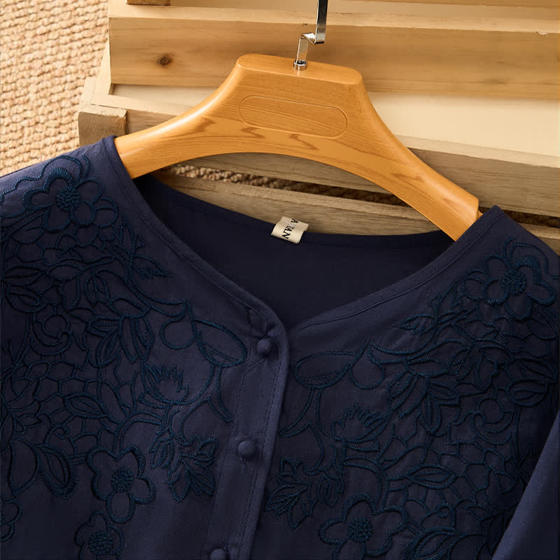 Nimara Ritual Summer Vintage Embroidery V-Neck Button-Up Floral Women's Elbow-Length Sleeve Shirts