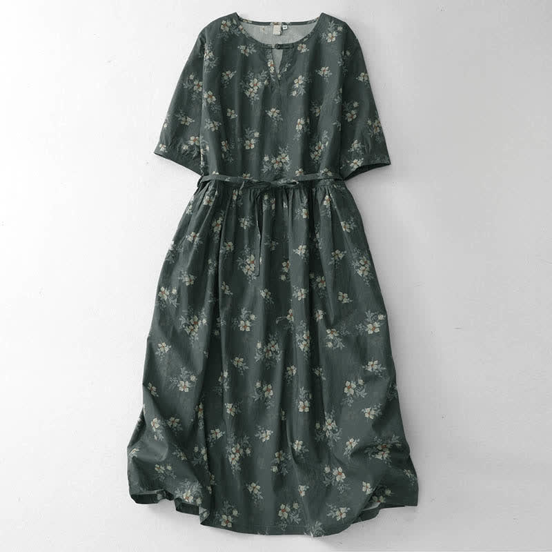Nimara Ritual Summer Vintage Drawstring Gray Floral Women's Short Sleeve Dresses With Pocket