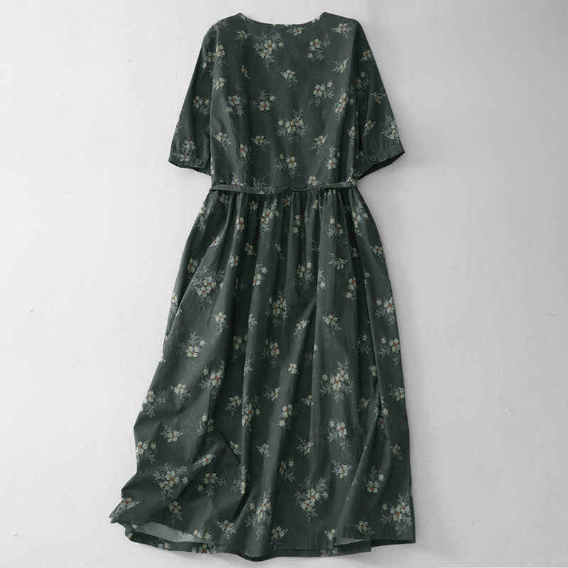 Nimara Ritual Summer Vintage Drawstring Gray Floral Women's Short Sleeve Dresses With Pocket
