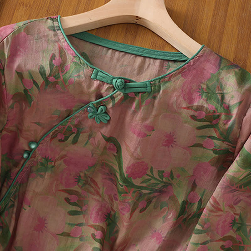 Nimara Ritual Summer Tang Style Mandarin Collar Frog Button Floral Women's Three-Quarter Sleeve Shirts
