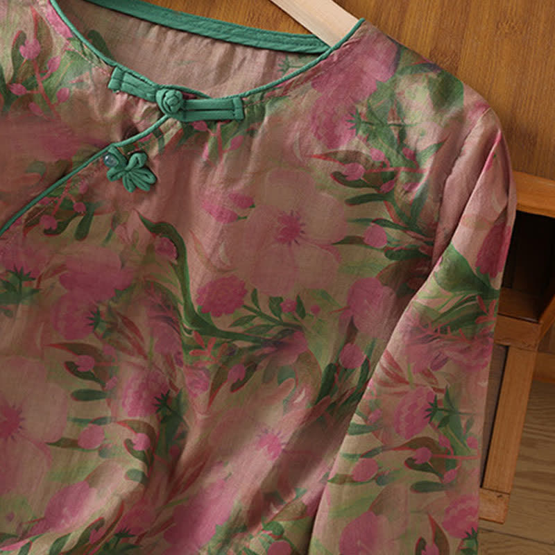 Nimara Ritual Summer Tang Style Mandarin Collar Frog Button Floral Women's Three-Quarter Sleeve Shirts
