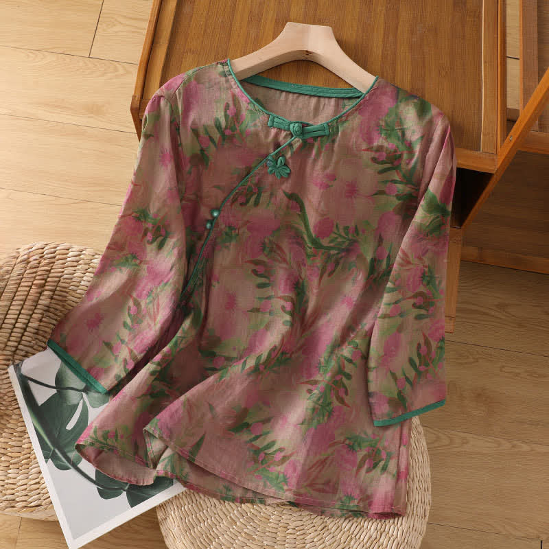 Nimara Ritual Summer Tang Style Mandarin Collar Frog Button Floral Women's Three-Quarter Sleeve Shirts