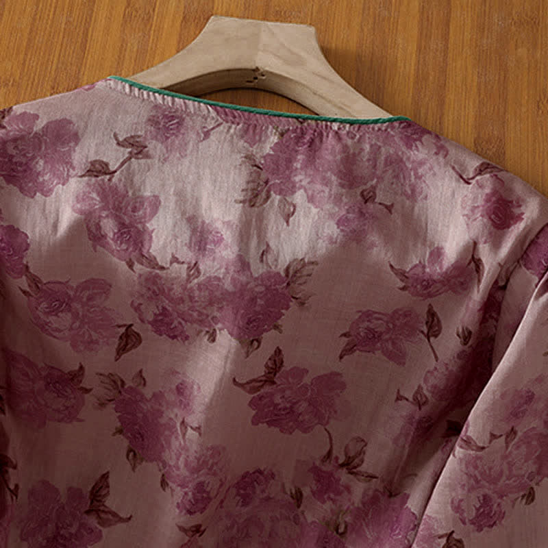 Nimara Ritual Summer Tang Style Mandarin Collar Frog Button Floral Women's Three-Quarter Sleeve Shirts