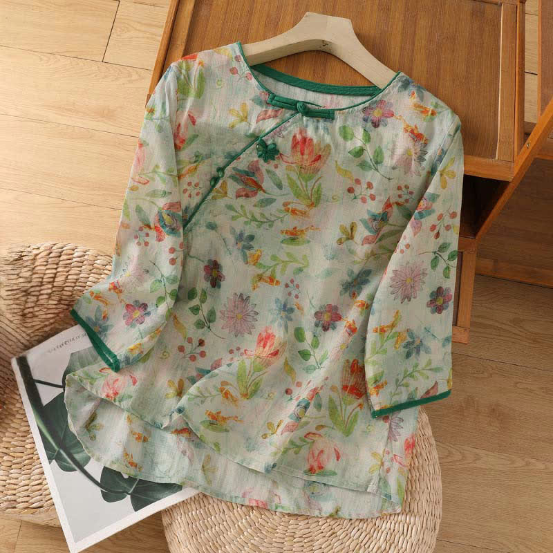 Nimara Ritual Summer Tang Style Mandarin Collar Frog Button Floral Women's Three-Quarter Sleeve Shirts