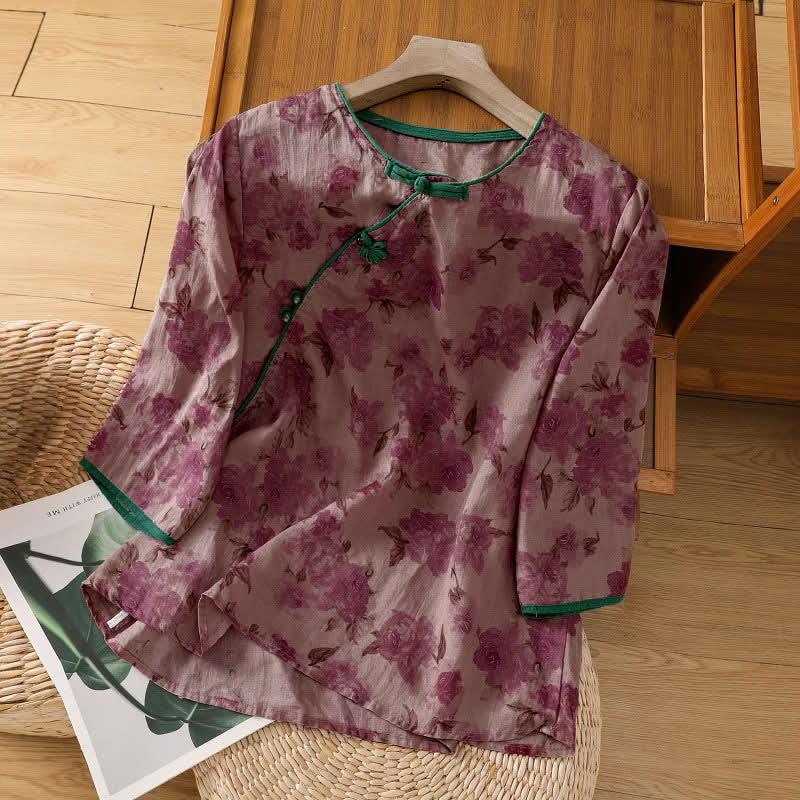 Nimara Ritual Summer Tang Style Mandarin Collar Frog Button Floral Women's Three-Quarter Sleeve Shirts