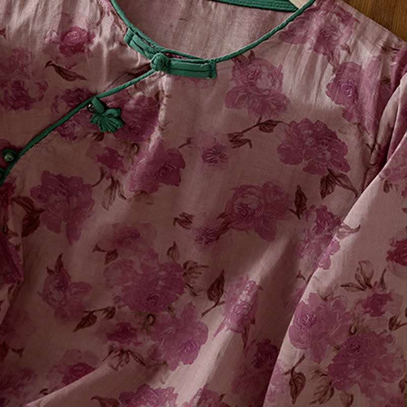 Nimara Ritual Summer Tang Style Mandarin Collar Frog Button Floral Women's Three-Quarter Sleeve Shirts