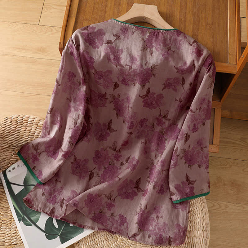Nimara Ritual Summer Tang Style Mandarin Collar Frog Button Floral Women's Three-Quarter Sleeve Shirts