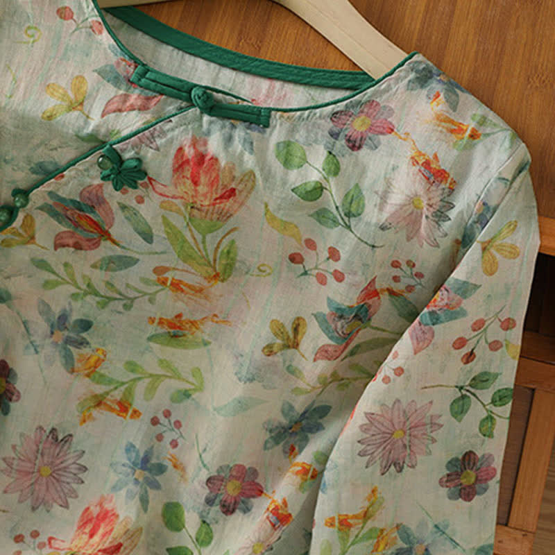 Nimara Ritual Summer Tang Style Mandarin Collar Frog Button Floral Women's Three-Quarter Sleeve Shirts