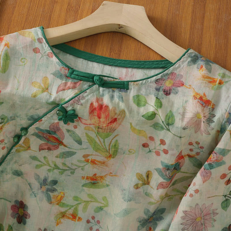 Nimara Ritual Summer Tang Style Mandarin Collar Frog Button Floral Women's Three-Quarter Sleeve Shirts