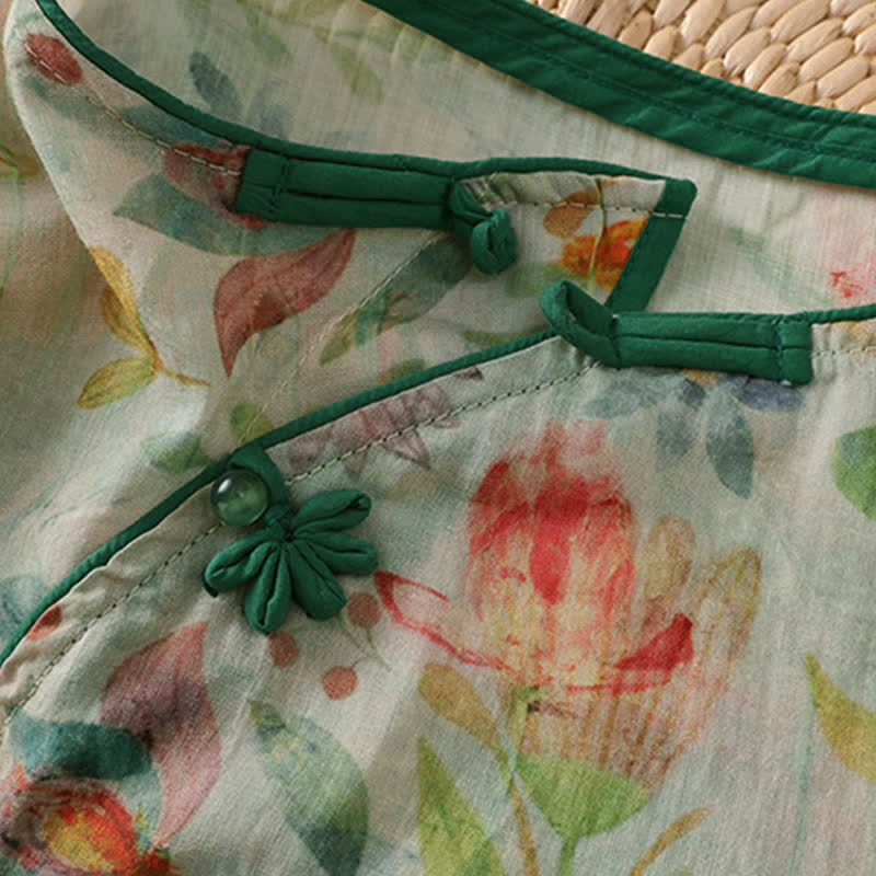 Nimara Ritual Summer Tang Style Mandarin Collar Frog Button Floral Women's Three-Quarter Sleeve Shirts