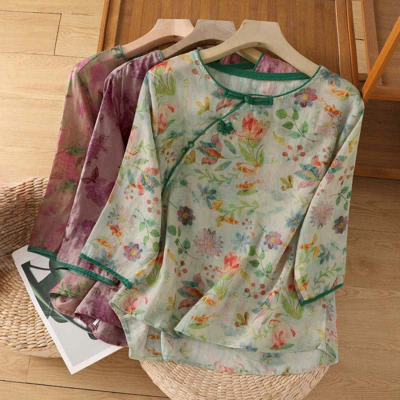 Nimara Ritual Summer Tang Style Mandarin Collar Frog Button Floral Women's Three-Quarter Sleeve Shirts
