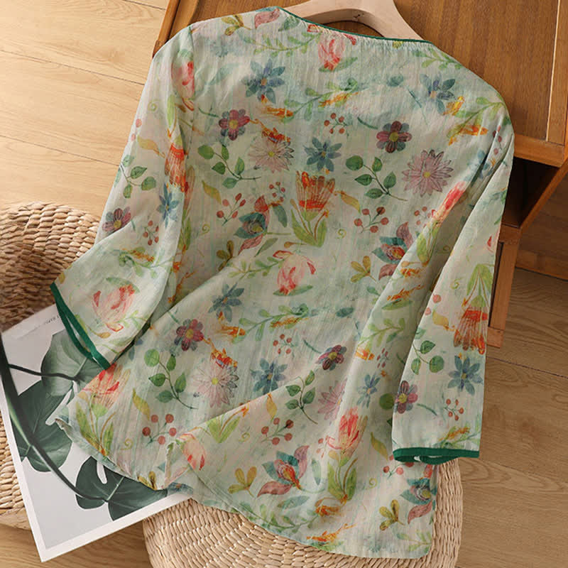 Nimara Ritual Summer Tang Style Mandarin Collar Frog Button Floral Women's Three-Quarter Sleeve Shirts