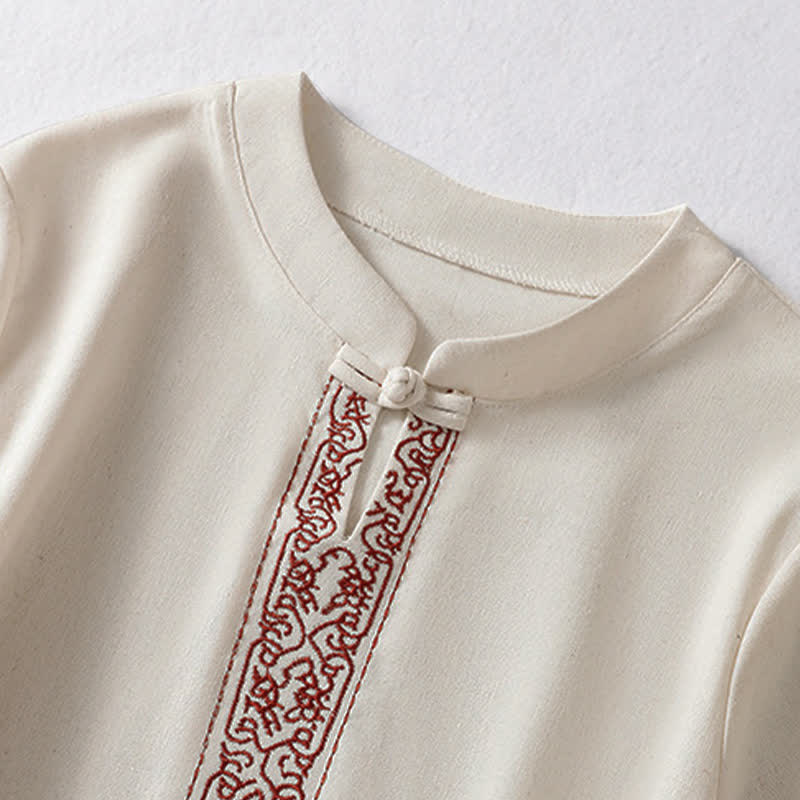 Nimara Ritual Summer Tang Style Frog Button Embroidery Vines Solid Women's Short Sleeve Shirts