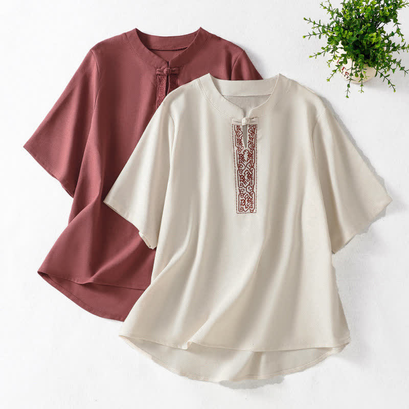 Nimara Ritual Summer Tang Style Frog Button Embroidery Vines Solid Women's Short Sleeve Shirts