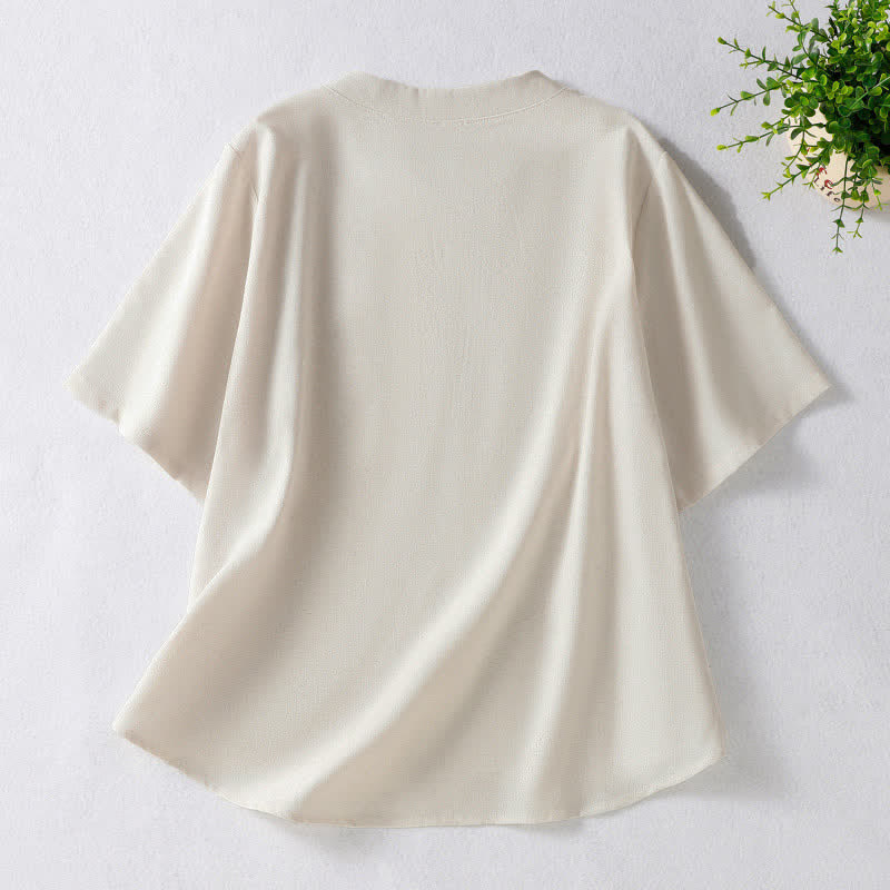 Nimara Ritual Summer Tang Style Frog Button Embroidery Vines Solid Women's Short Sleeve Shirts