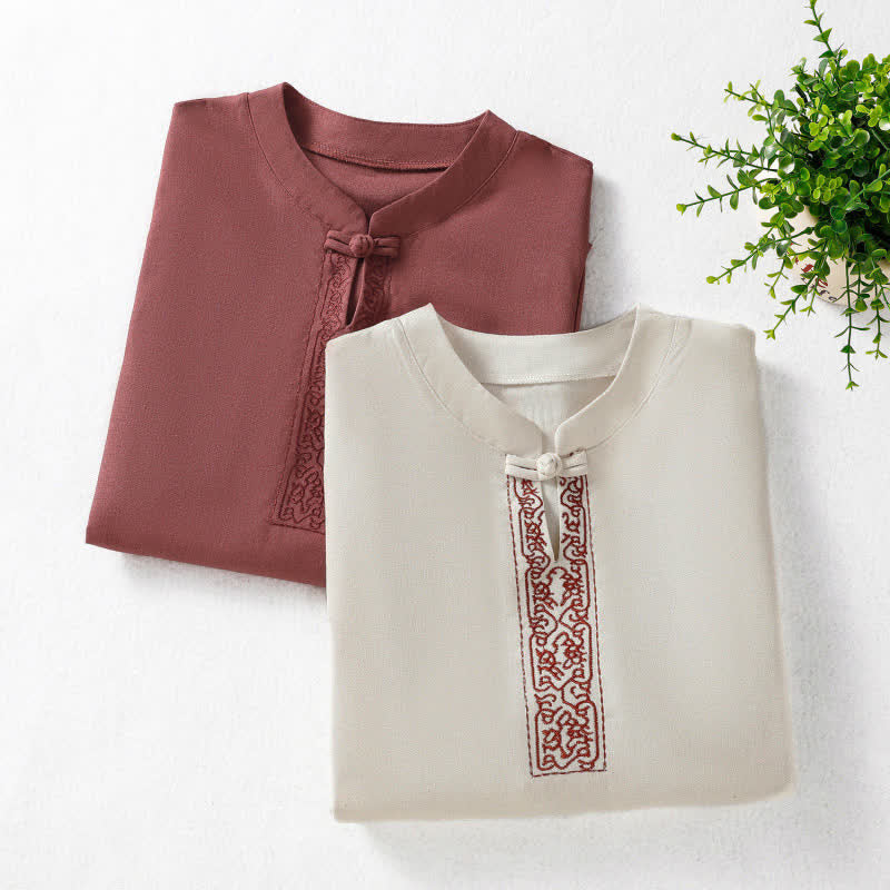 Nimara Ritual Summer Tang Style Frog Button Embroidery Vines Solid Women's Short Sleeve Shirts
