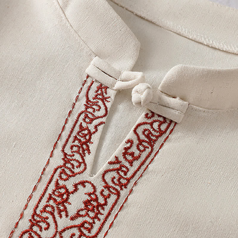 Nimara Ritual Summer Tang Style Frog Button Embroidery Vines Solid Women's Short Sleeve Shirts