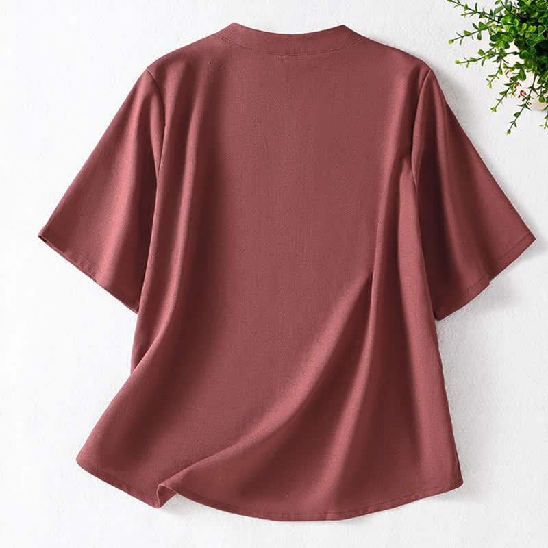 Nimara Ritual Summer Tang Style Frog Button Embroidery Vines Solid Women's Short Sleeve Shirts
