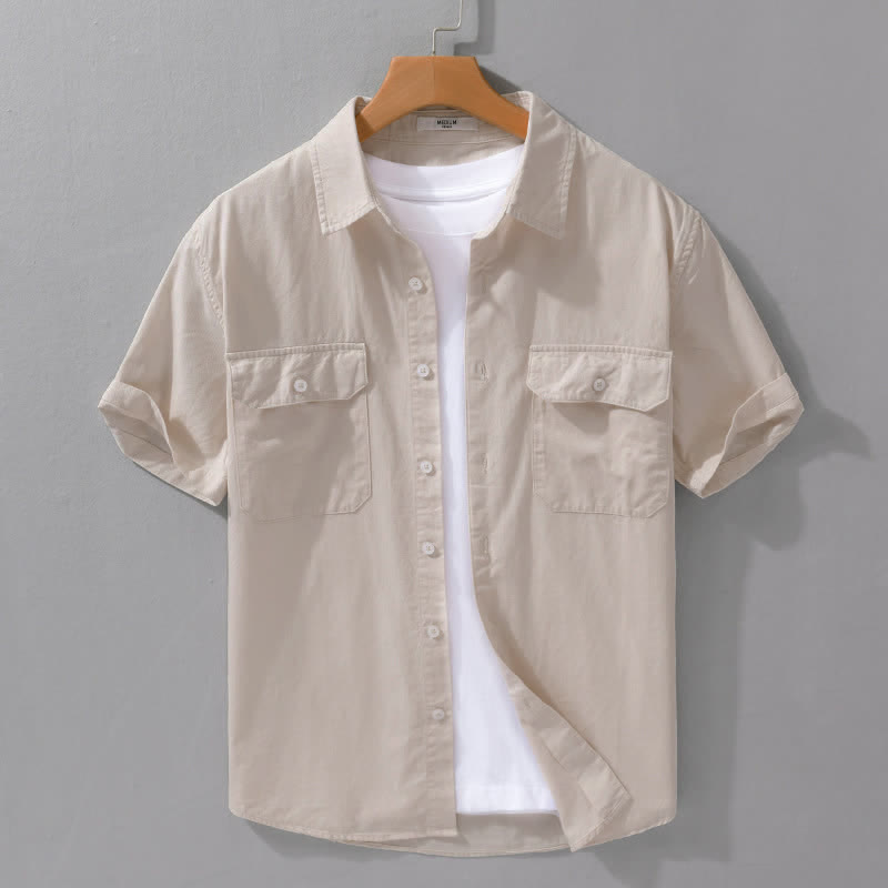 Nimara Ritual Summer Casual Classic Button-Up Solid Cotton Men's Short Sleeve Shirts With Patch Pockets