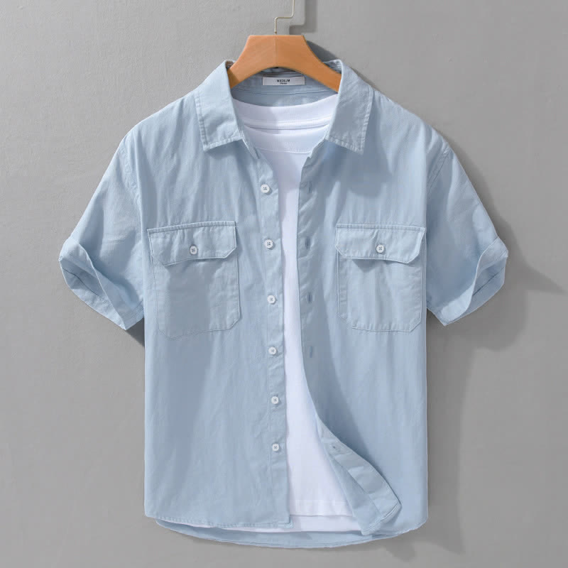 Nimara Ritual Summer Casual Classic Button-Up Solid Cotton Men's Short Sleeve Shirts With Patch Pockets