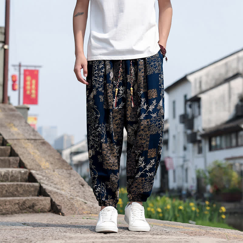Nimara Ritual Summer Boho Casual Drawstring Elephant Tree Print Cropped Pants Men's Harem Pants With Pockets