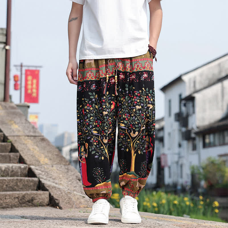 Nimara Ritual Summer Boho Casual Drawstring Elephant Tree Print Cropped Pants Men's Harem Pants With Pockets