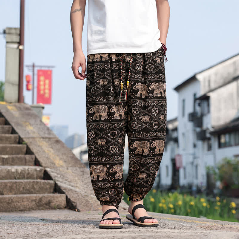 Nimara Ritual Summer Boho Casual Drawstring Elephant Tree Print Cropped Pants Men's Harem Pants With Pockets