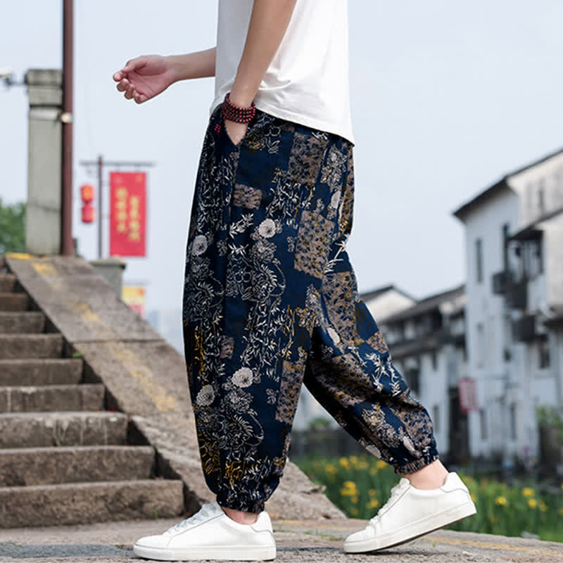 Nimara Ritual Summer Boho Casual Drawstring Elephant Tree Print Cropped Pants Men's Harem Pants With Pockets