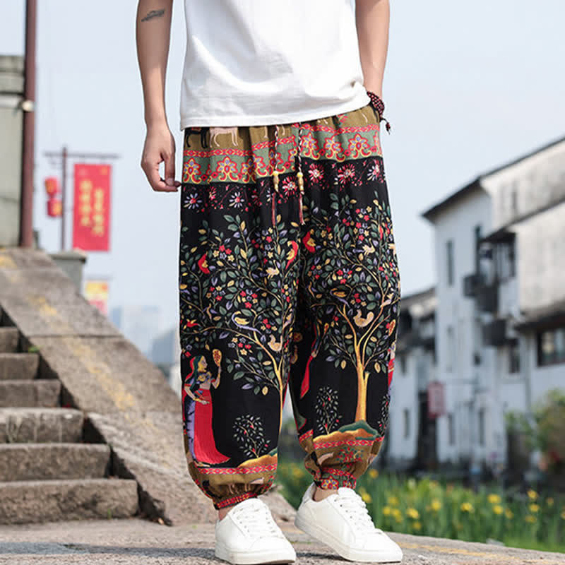 Nimara Ritual Summer Boho Casual Drawstring Elephant Tree Print Cropped Pants Men's Harem Pants With Pockets