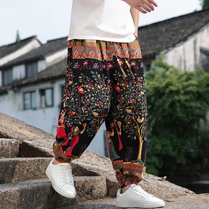Nimara Ritual Summer Boho Casual Drawstring Elephant Tree Print Cropped Pants Men's Harem Pants With Pockets