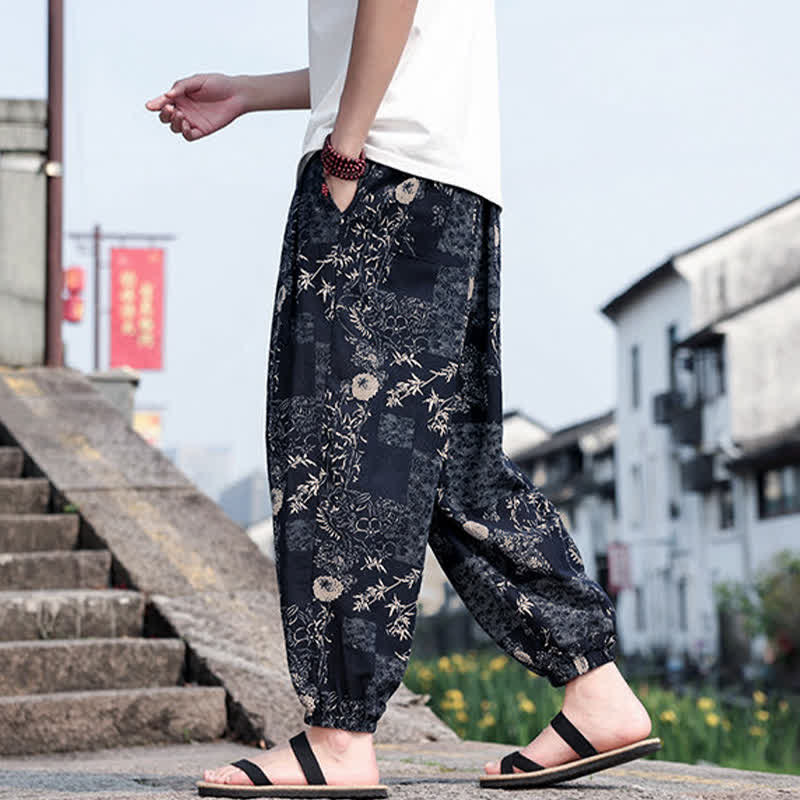 Nimara Ritual Summer Boho Casual Drawstring Elephant Tree Print Cropped Pants Men's Harem Pants With Pockets