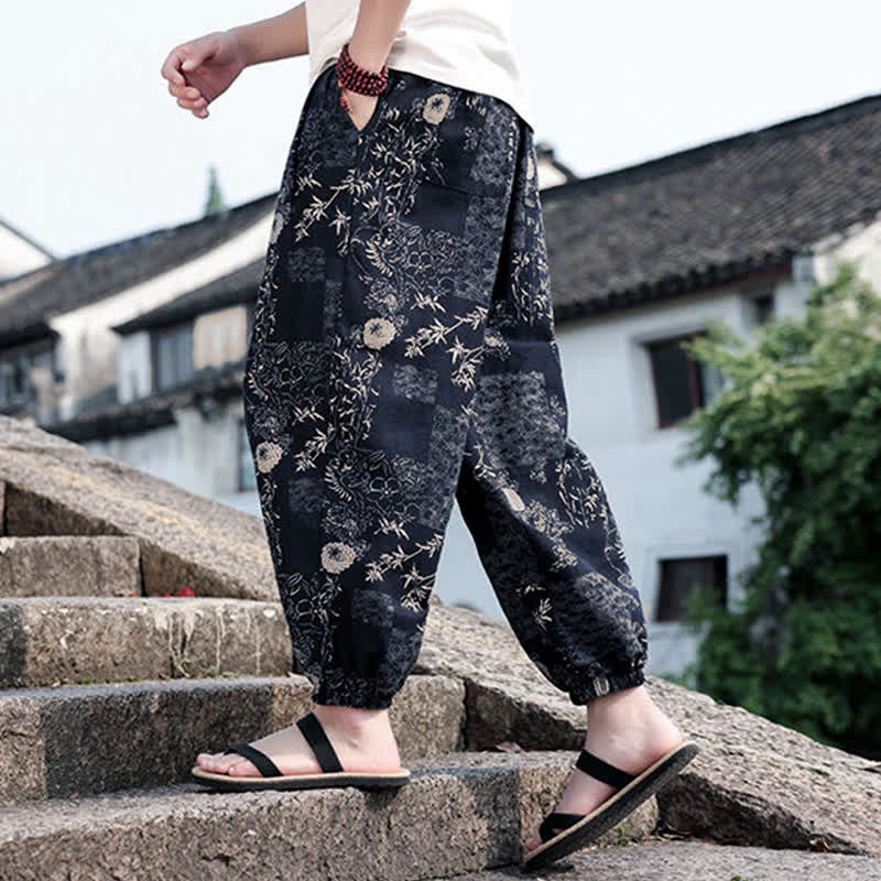 Nimara Ritual Summer Boho Casual Drawstring Elephant Tree Print Cropped Pants Men's Harem Pants With Pockets